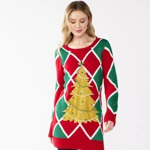 Festive Red and Green UGLY Christmas Sweater/dress tunic  with Gold Tree size M